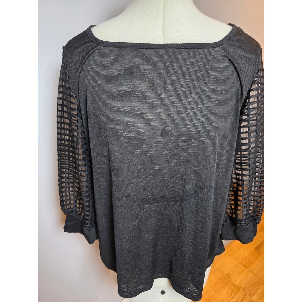 Free Kisses Black Slub Knit Top Plus 1X Lattice Mesh Sleeve Grunge Goth Top